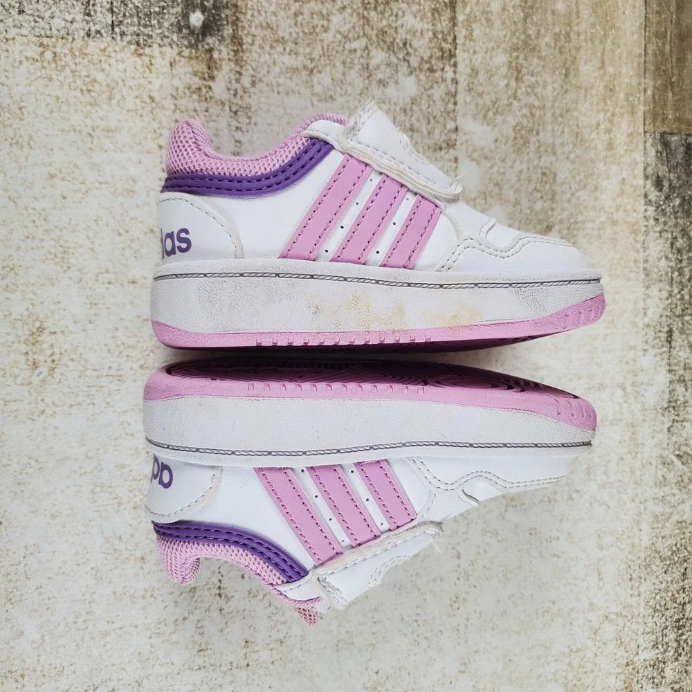 Adidas Hoops 3.0 Kids Sport Shoes Sz 5 Comfort White Lilac Round Toe Hook & Loop